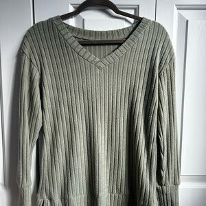 Anrabess Sage Green Ribbed V-Neck Sweater